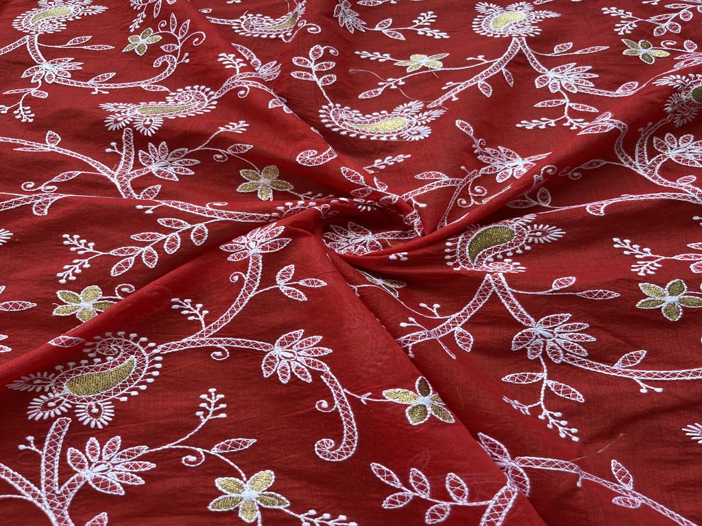 Red Floral Chikankari Zari & Thread Embroidered Chanderi Fabric (Wholesale)