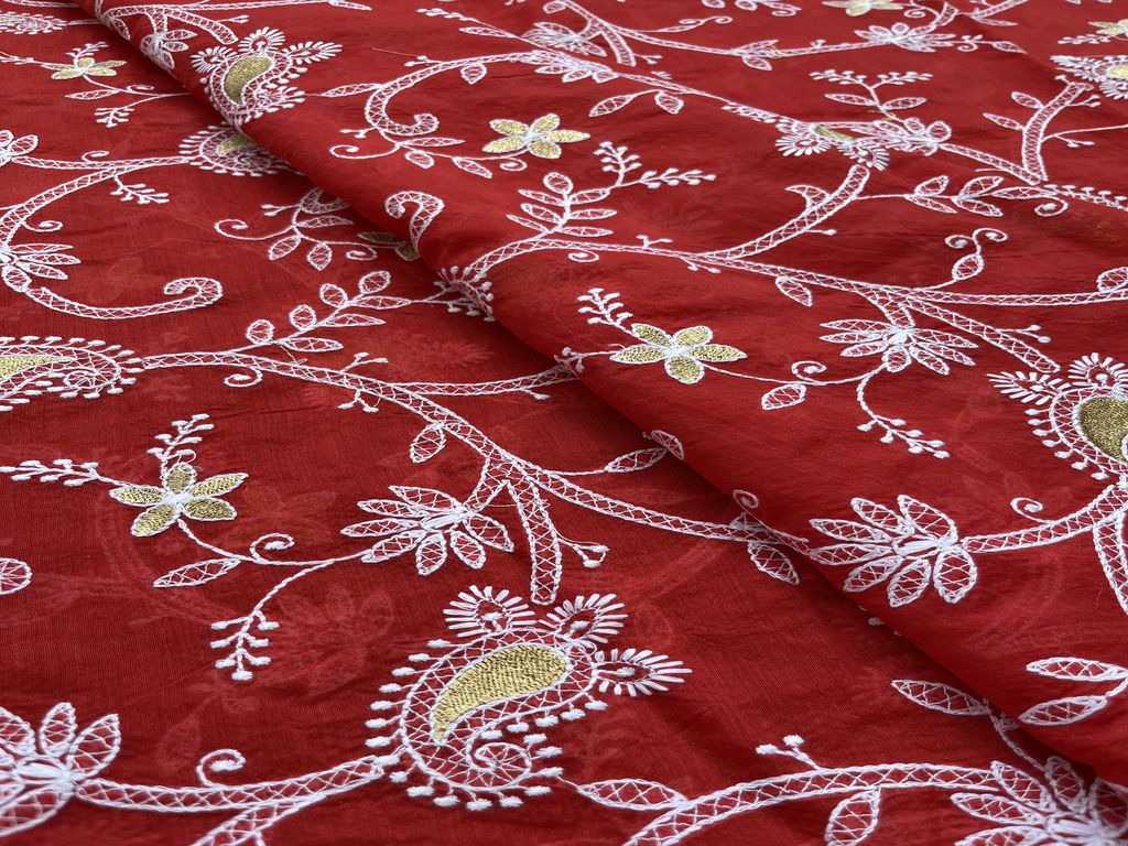 Red Floral Chikankari Zari & Thread Embroidered Chanderi Fabric (Wholesale)