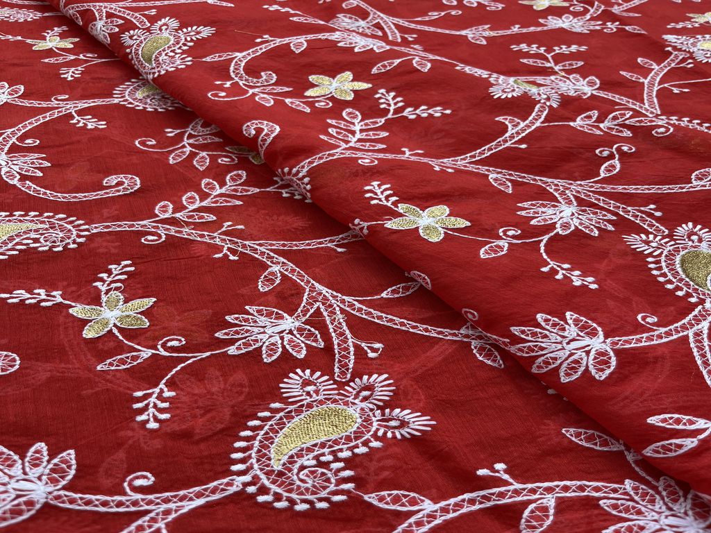 Multicolor Floral Chikankari Zari & Thread Embroidered Chanderi Fabric
