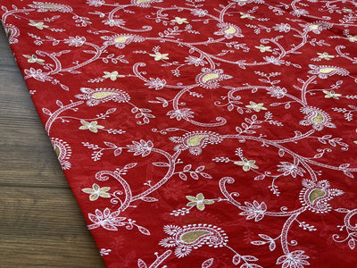 Red Floral Chikankari Zari & Thread Embroidered Chanderi Fabric (Wholesale)