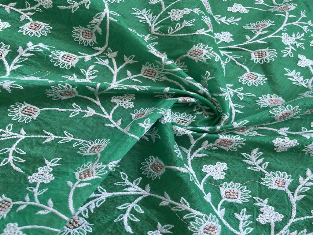 Green & White Floral Zardozi Chikankari Embroidered Chanderi Fabric