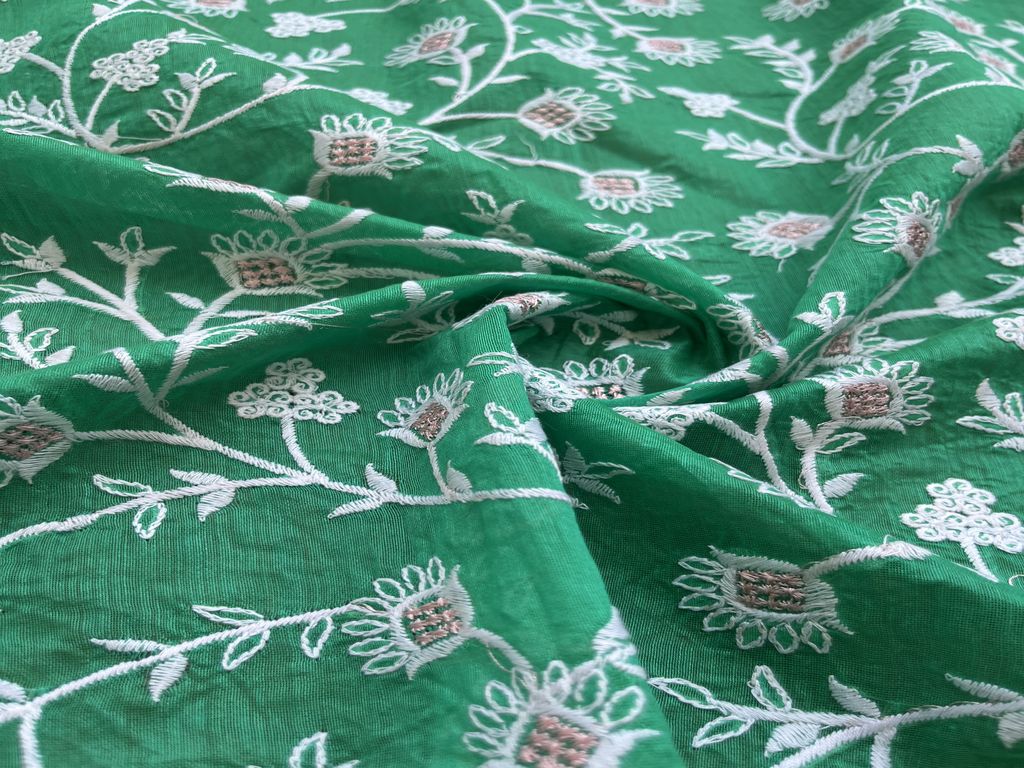 Green & White Floral Zardozi Chikankari Embroidered Chanderi Fabric