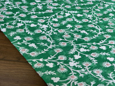 Green & White Floral Zardozi Chikankari Embroidered Chanderi Fabric
