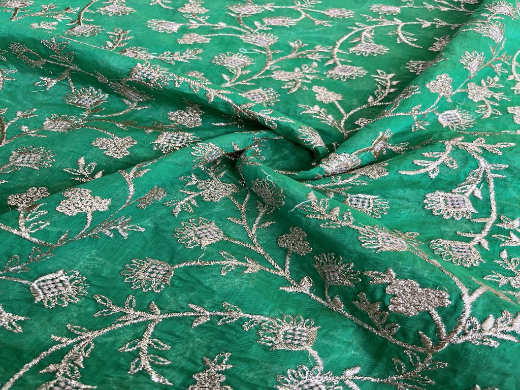 Green & Rose Gold Floral Zardozi Embroidered Chanderi Fabric