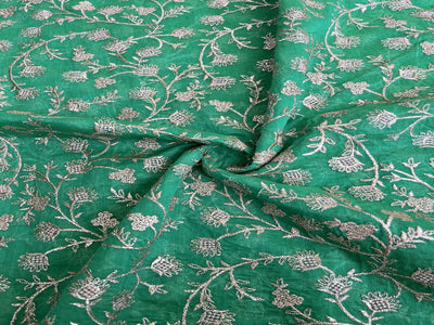 Green & Rose Gold Floral Zardozi Embroidered Chanderi Fabric