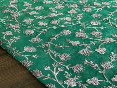 Green & Rose Gold Floral Zardozi Embroidered Chanderi Fabric