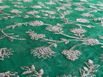 Green & Rose Gold Floral Zardozi Embroidered Chanderi Fabric