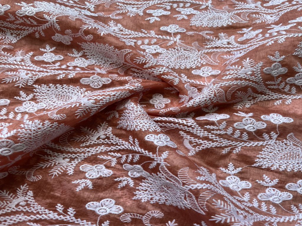 Peach & White Floral Chikankari Embroidered Chanderi Fabric