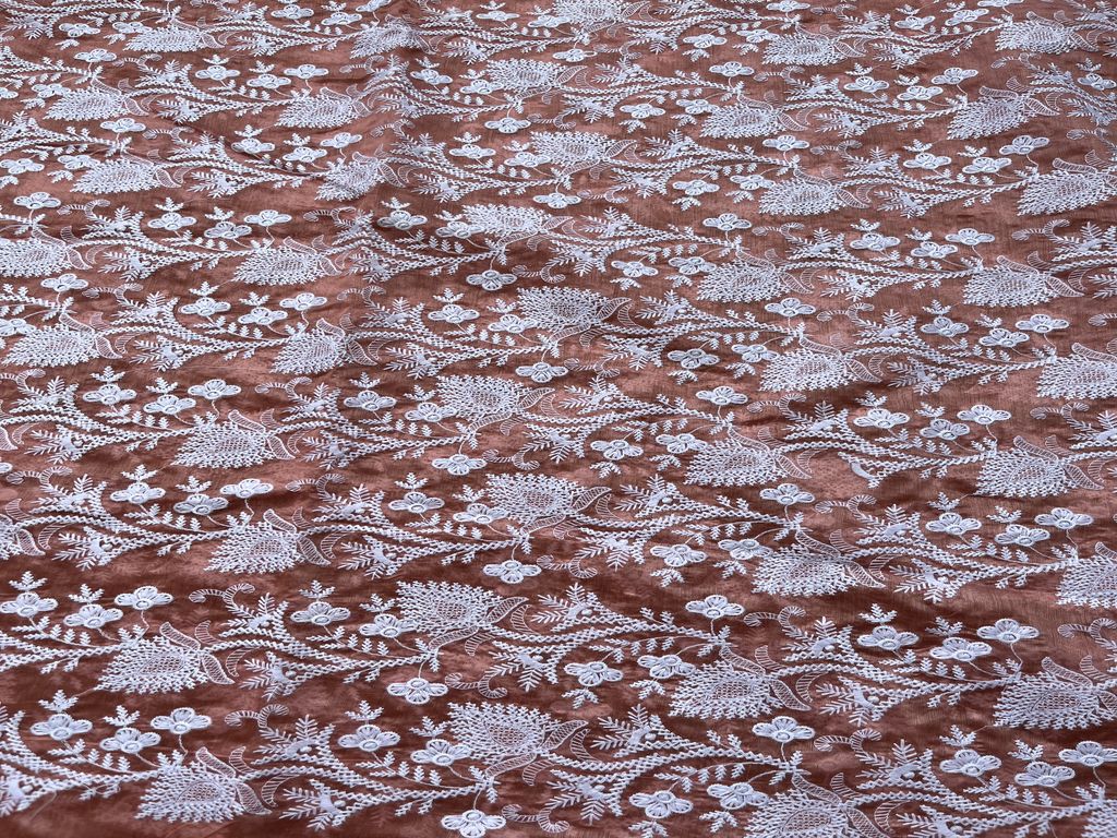 Peach Floral Chikankari Embroidered Chanderi Fabric