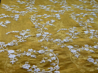 Yellow & White Floral Lakhnavi Chikankari Embroidered Chanderi Fabric