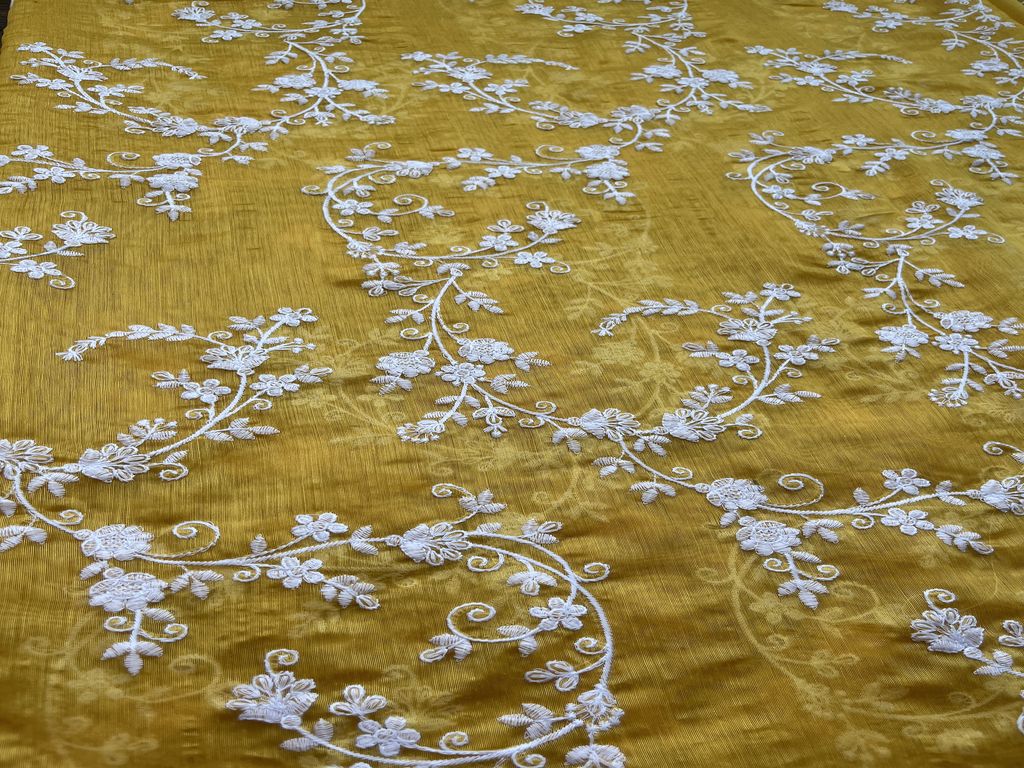 Yellow & White Floral Lakhnavi Chikankari Embroidered Chanderi Fabric (Wholesale)