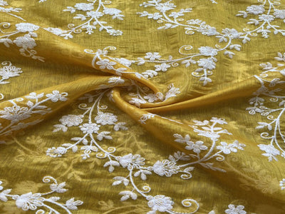 Yellow & White Floral Lakhnavi Chikankari Embroidered Chanderi Fabric (Wholesale)