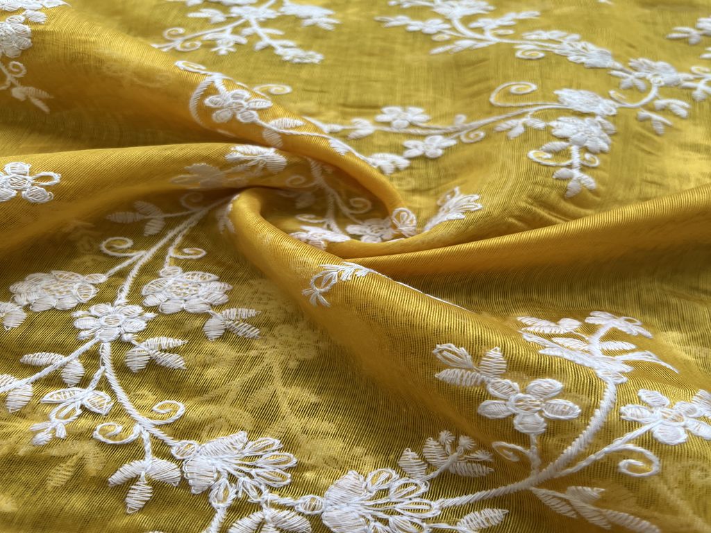 Yellow White Floral Lakhnavi Chikankari Embroidered Chanderi Fabric