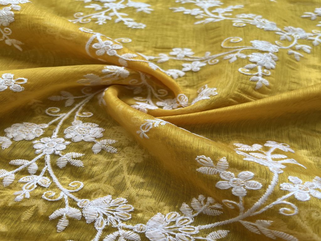 Yellow & White Floral Lakhnavi Chikankari Embroidered Chanderi Fabric (Wholesale)