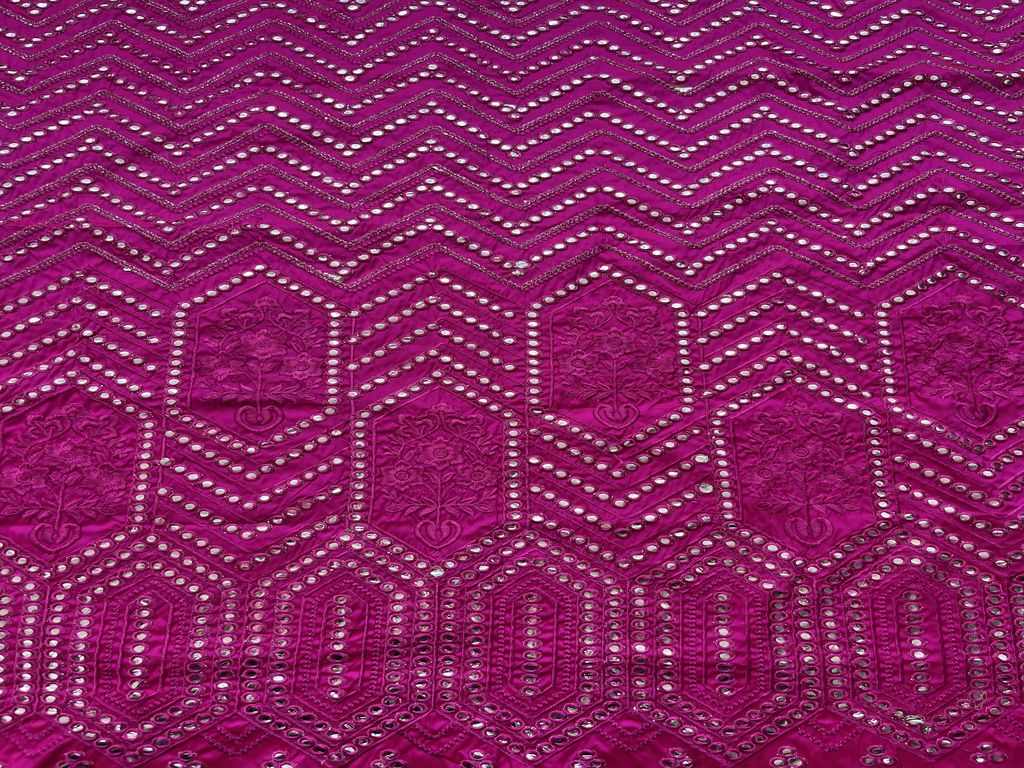 Bright Pink Chevron Taffeta With Faux Mirror Embroidery Fabric  (Wholesale)