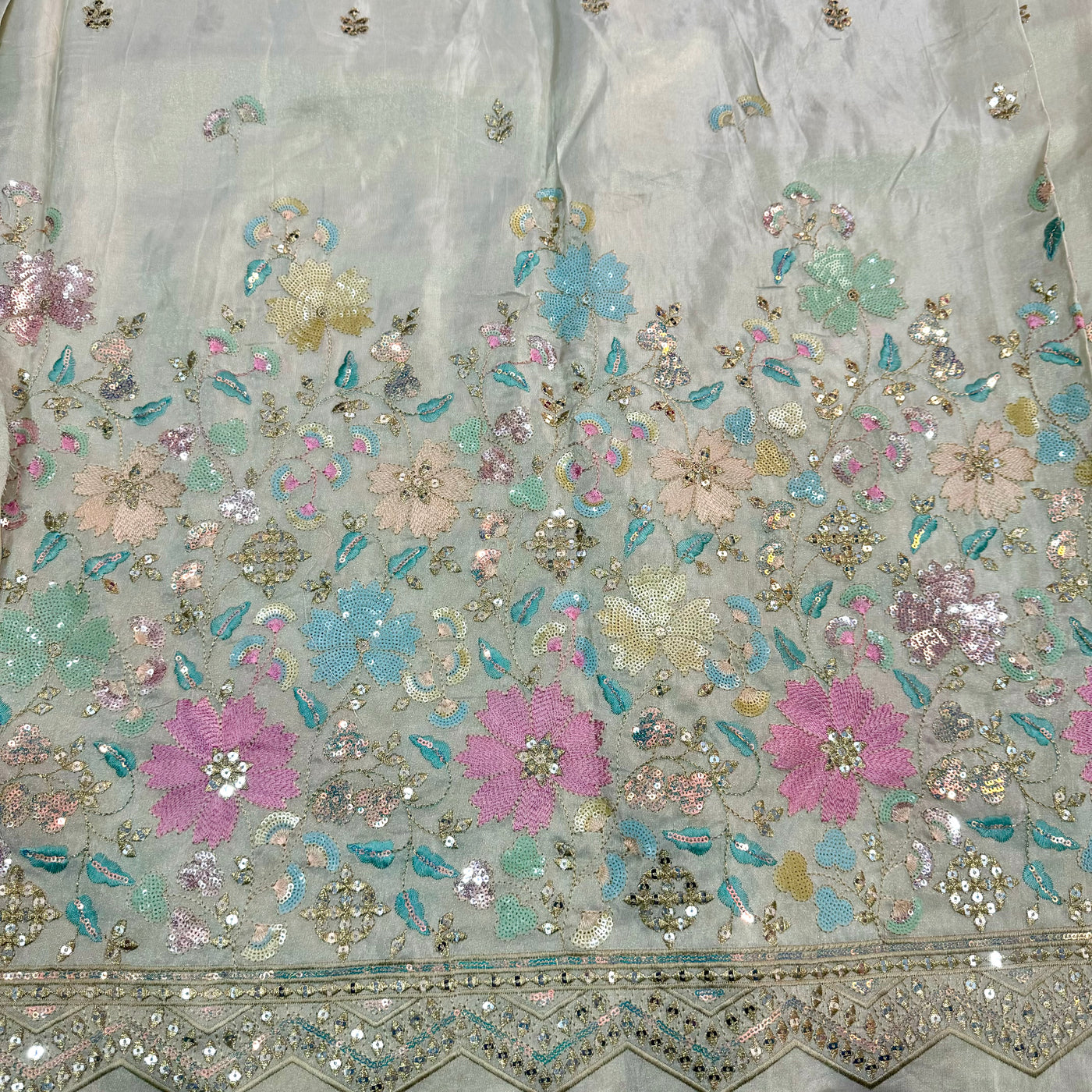 Multicolor Floral Sequins Embroidered Dyeable Panel Work Viscose Shimmer Tissue Fabric