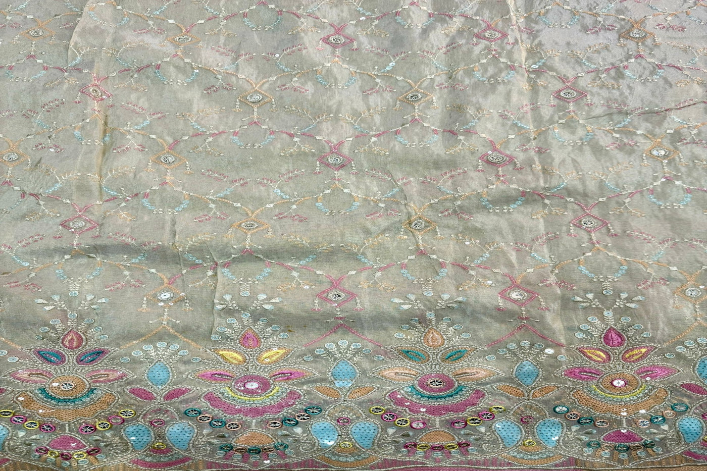 Multicolor Floral Sequins Embroidered Dyeable Panel Hand Work Viscose Shimmer Tissue Fabric