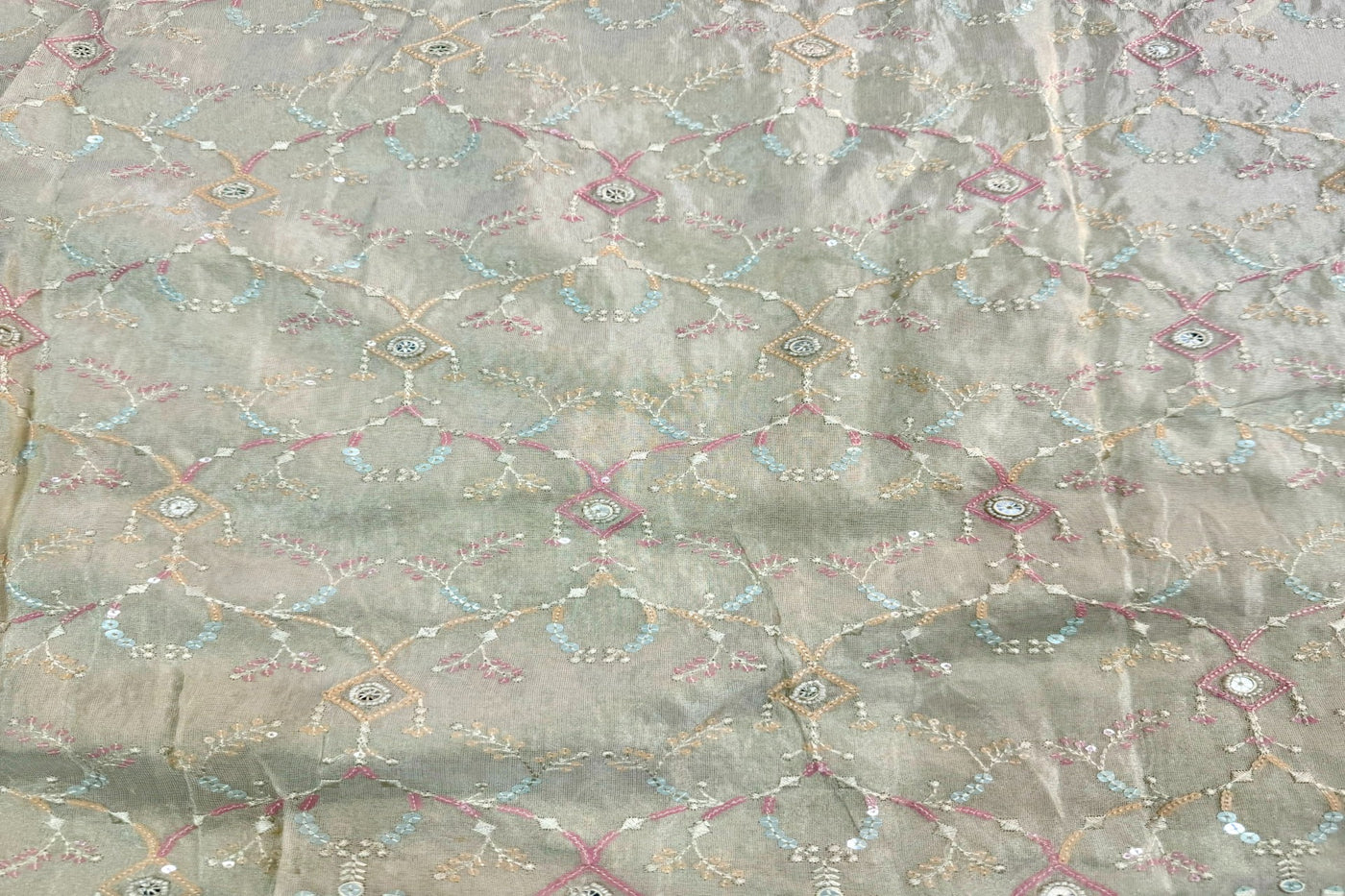 Multicolor Floral Sequins Embroidered Dyeable Panel Hand Work Viscose Shimmer Tissue Fabric