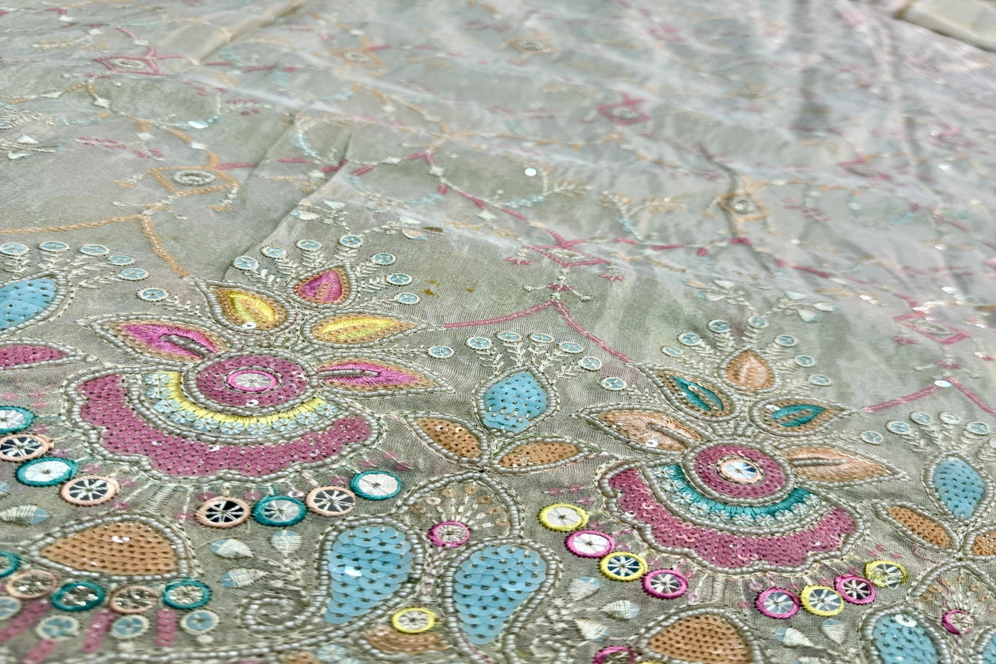 Multicolor Floral Sequins Embroidered Dyeable Panel Hand Work Viscose Shimmer Tissue Fabric