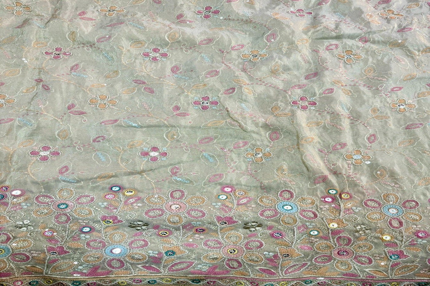 Multicolor Floral Sequins Embroidered Dyeable Panel Hand Work Viscose Shimmer Tissue Fabric