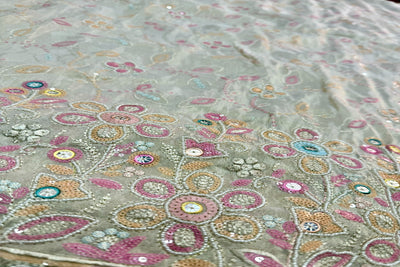 Multicolor Floral Sequins Embroidered Dyeable Panel Hand Work Viscose Shimmer Tissue Fabric