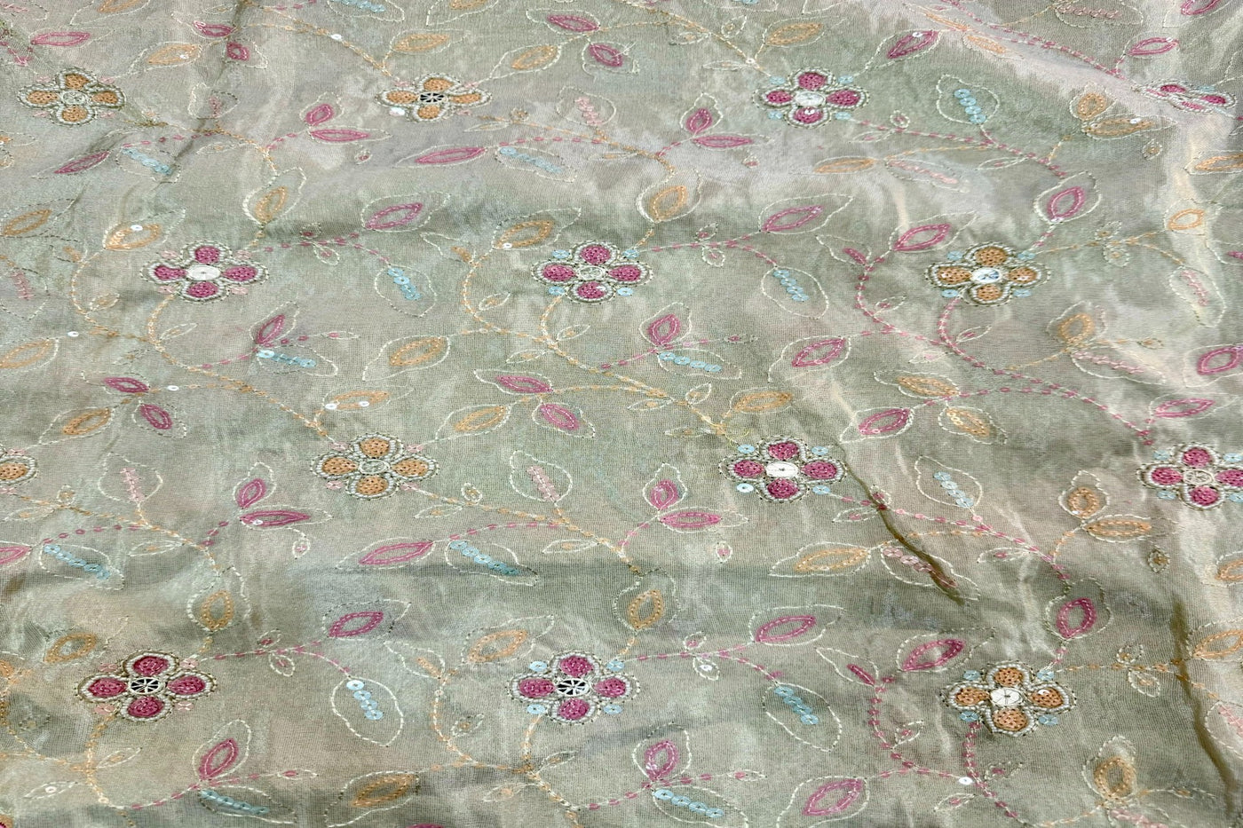 Multicolor Floral Sequins Embroidered Dyeable Panel Hand Work Viscose Shimmer Tissue Fabric