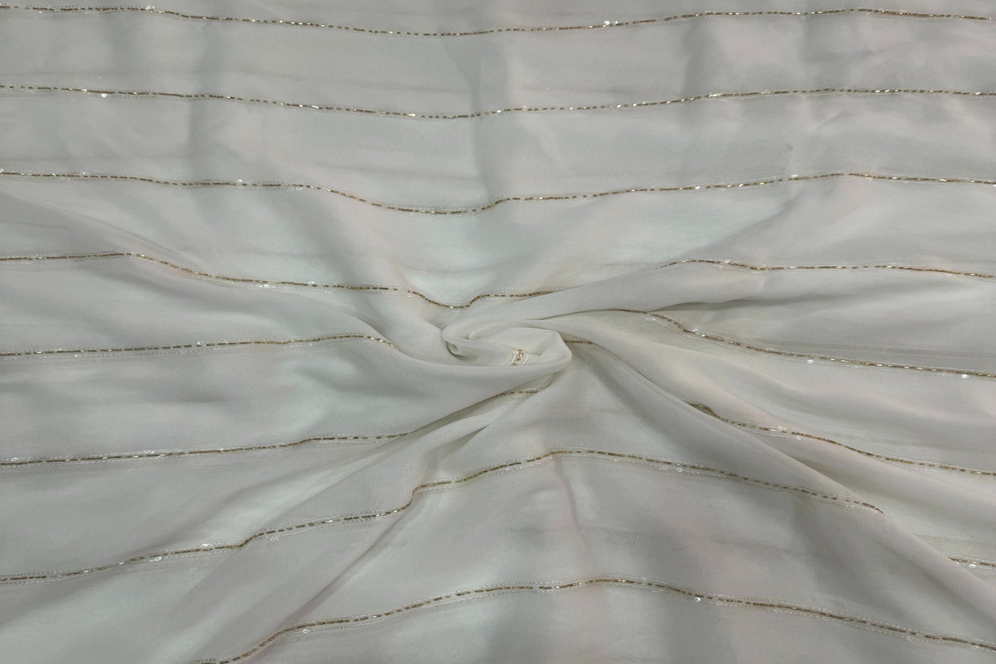 White Stripes Dyeable Bugle Beads Viscose Georgette Fabric