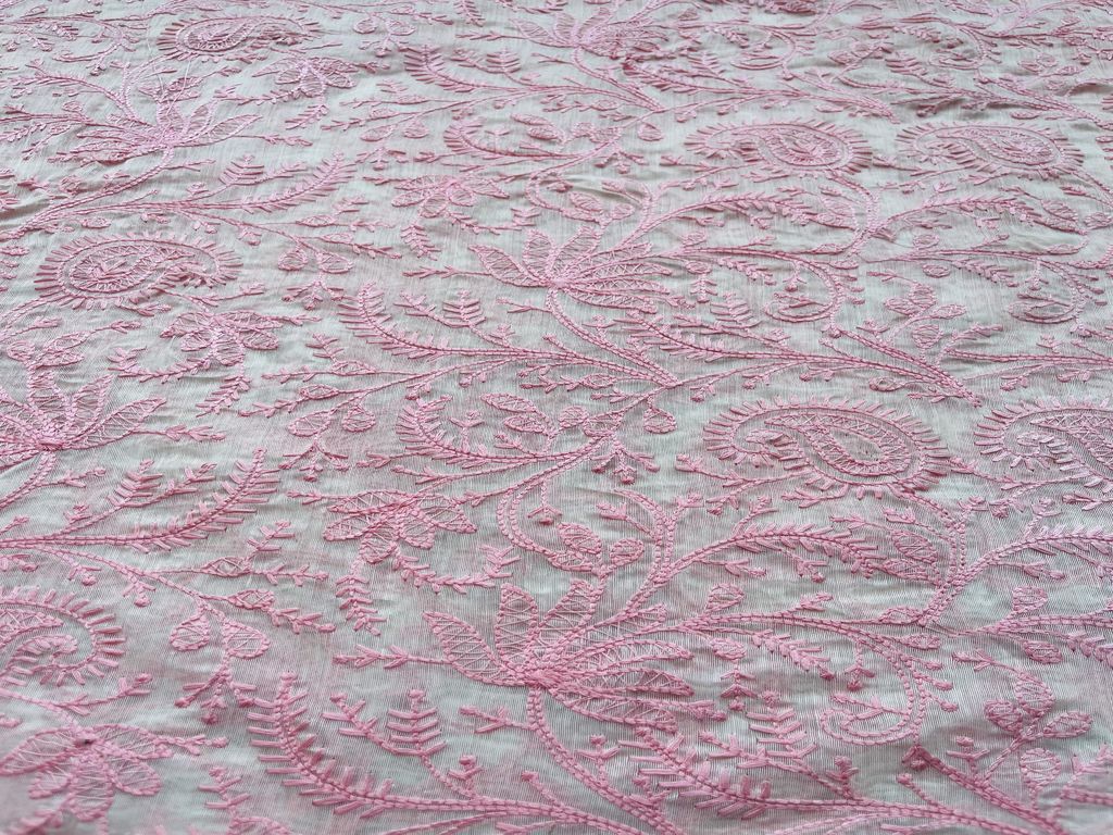 Pink Paisley Chikankari Embroidered Chanderi Fabric (wholesale)