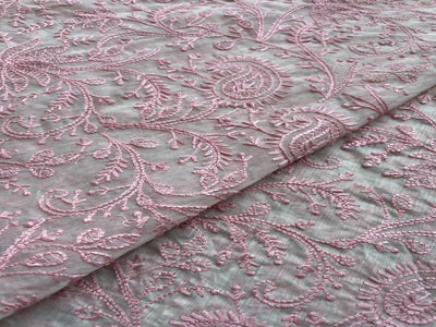 Pink Paisley Chikankari Embroidered Chanderi Fabric (wholesale)