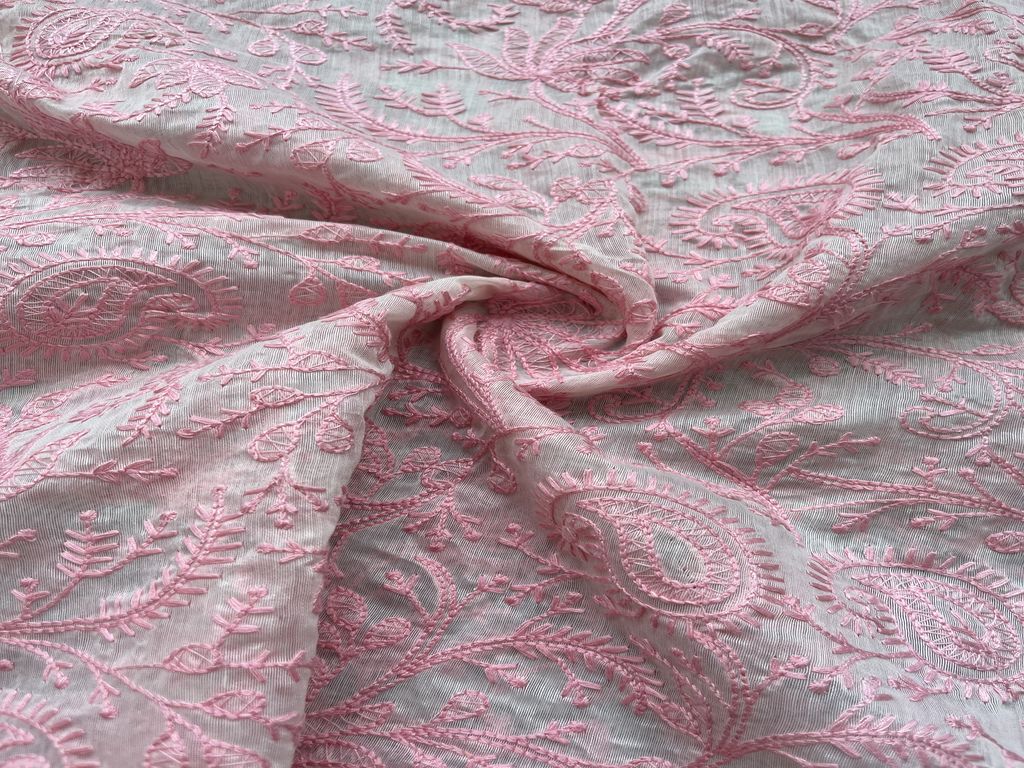 White & Pink Paisley Chikankari Embroidered Chanderi Fabric