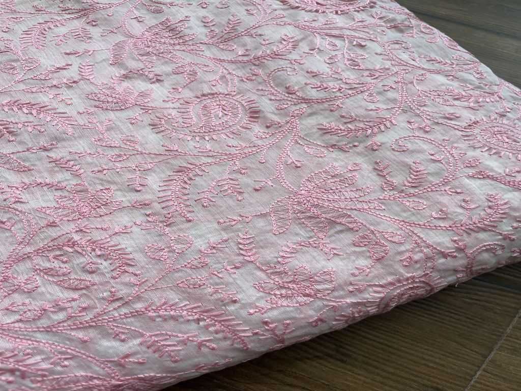 Pink Paisley Chikankari Embroidered Chanderi Fabric (wholesale)