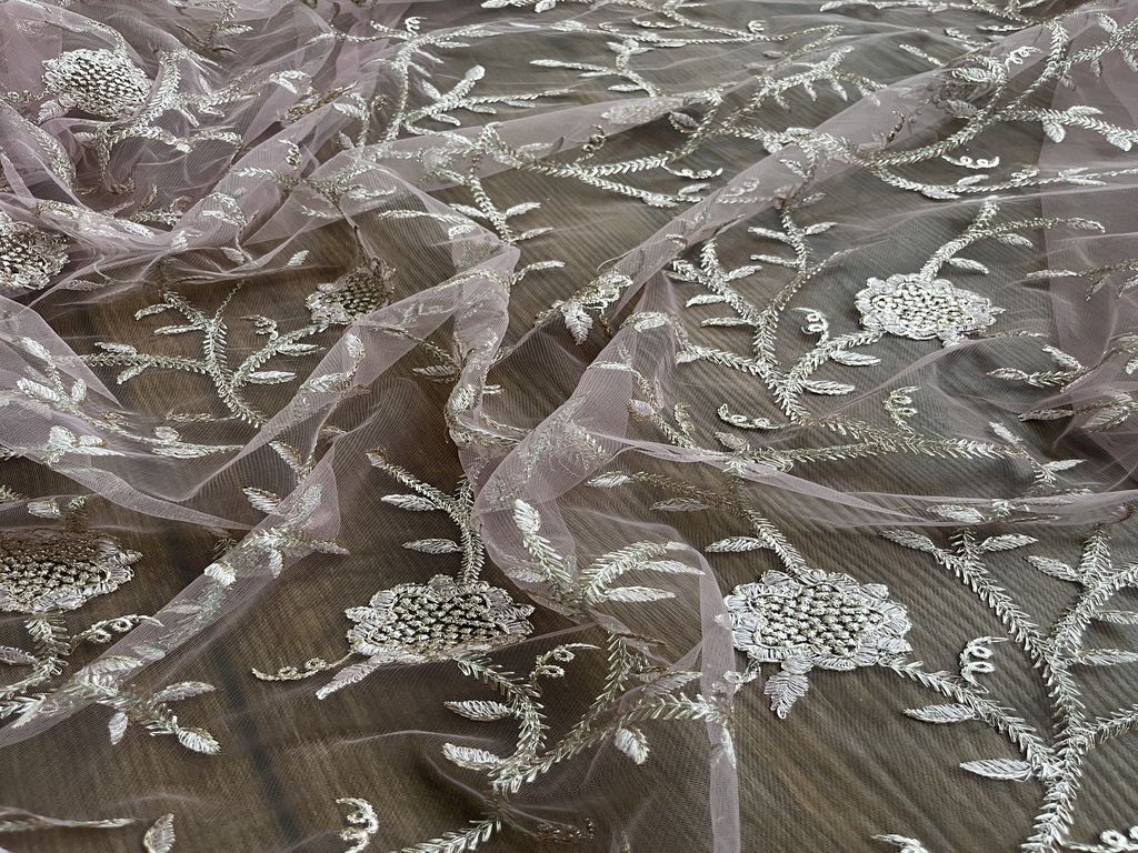 Pink & Silver Floral Zardozi Embroidered Net Fabric