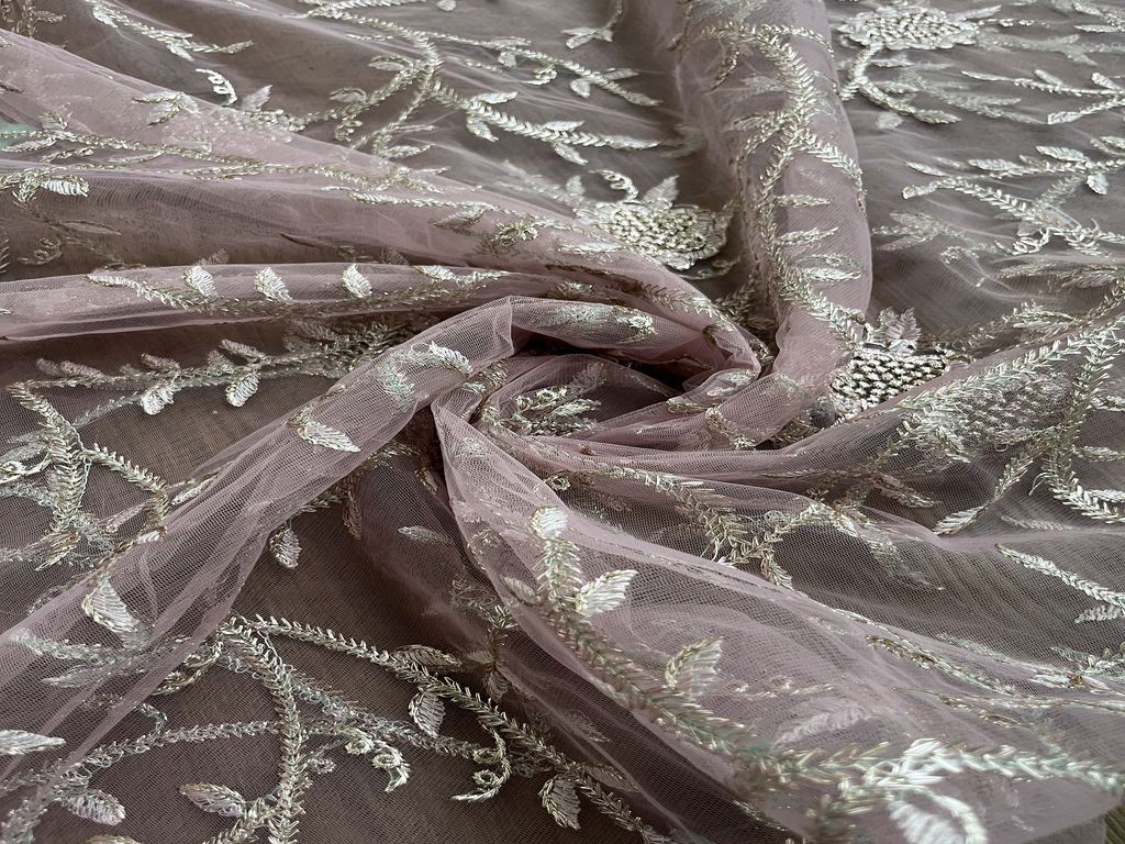 Pink & Silver Floral Zardozi Embroidered Net Fabric