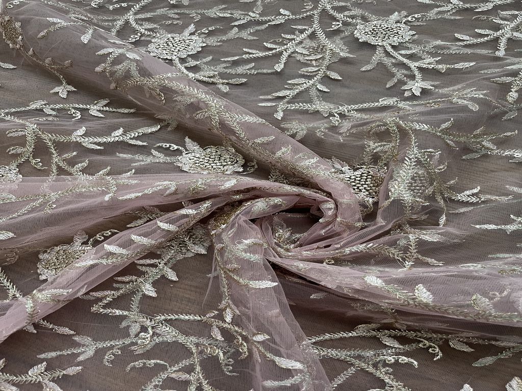 Pink Floral Silver Zardozi Embroidered  Net Fabric (wholesale)