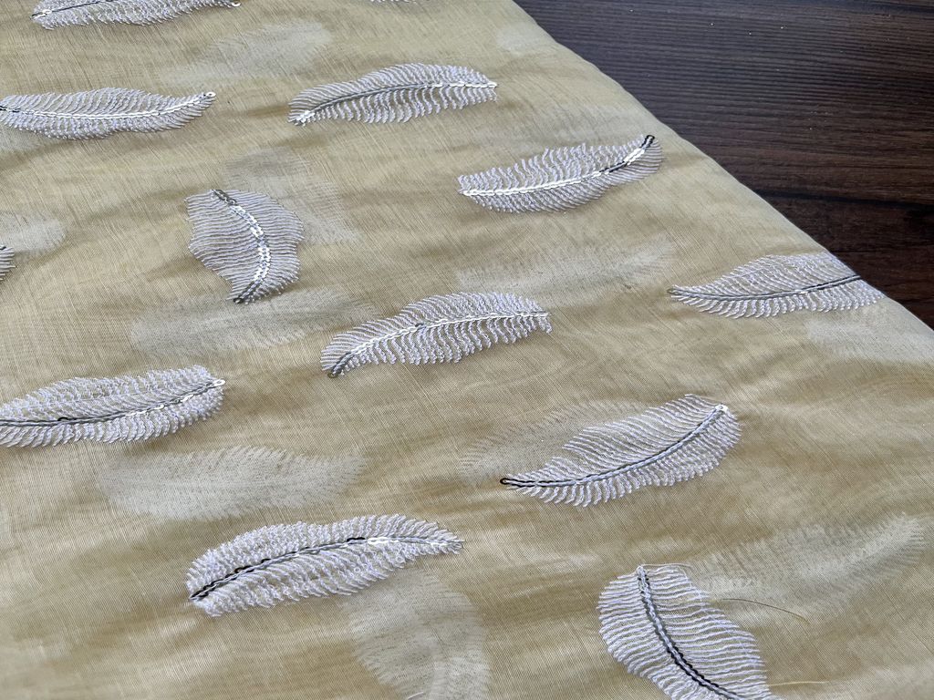 Lemon Yellow Leaf Sequins Embroidered Chanderi Fabric (wholesale)