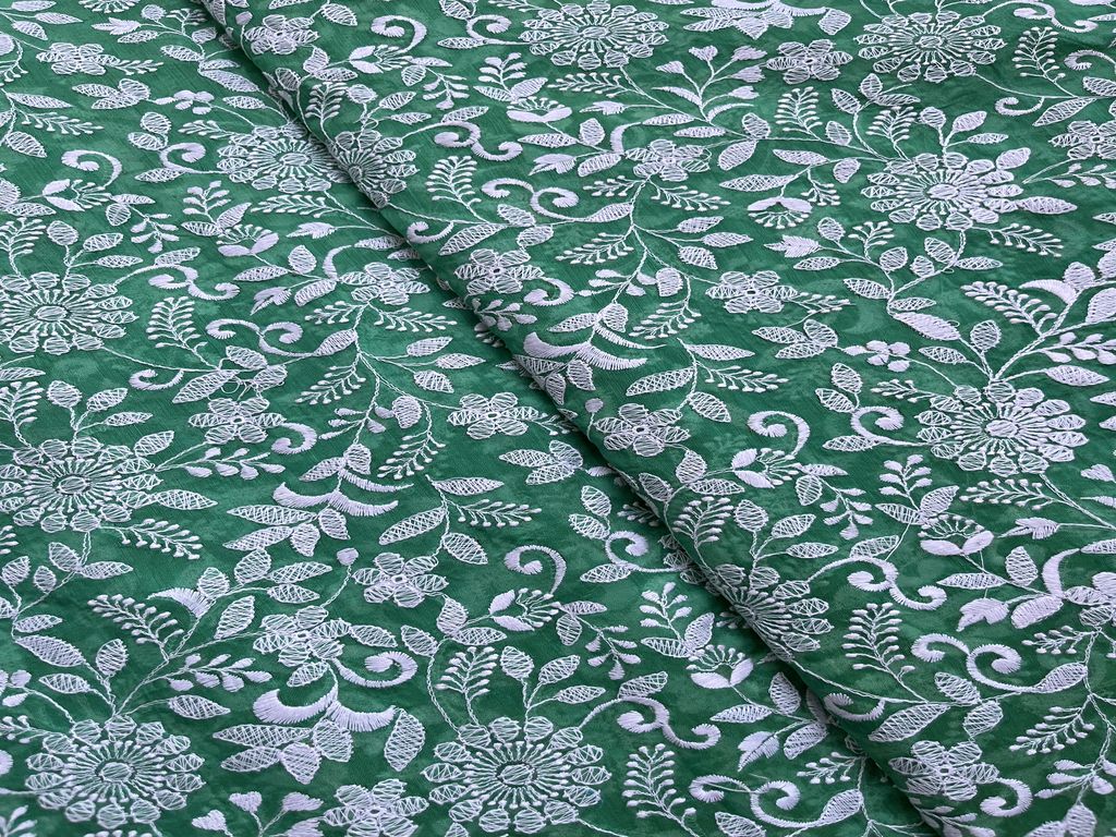 Green Floral Chikankari Embroidered Chanderi Fabric