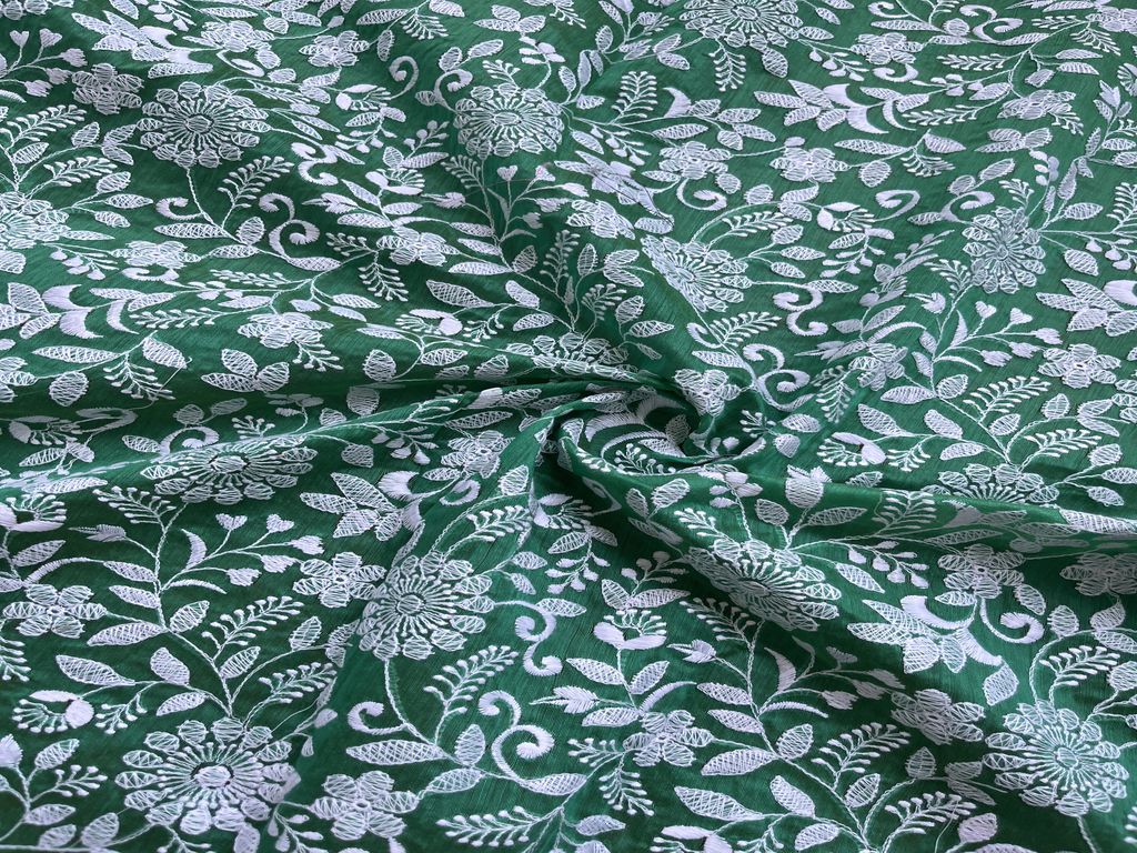 Green Floral Chikankari Embroidered Chanderi Fabric