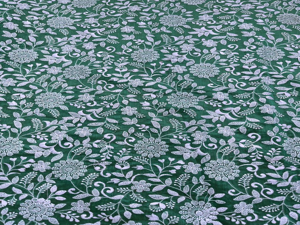 Green Floral Chikankari Embroidered Chanderi Fabric