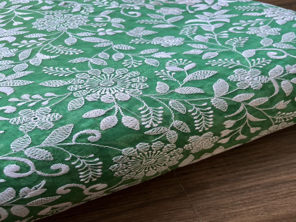 Green Floral Chikankari Embroidered Chanderi Fabric