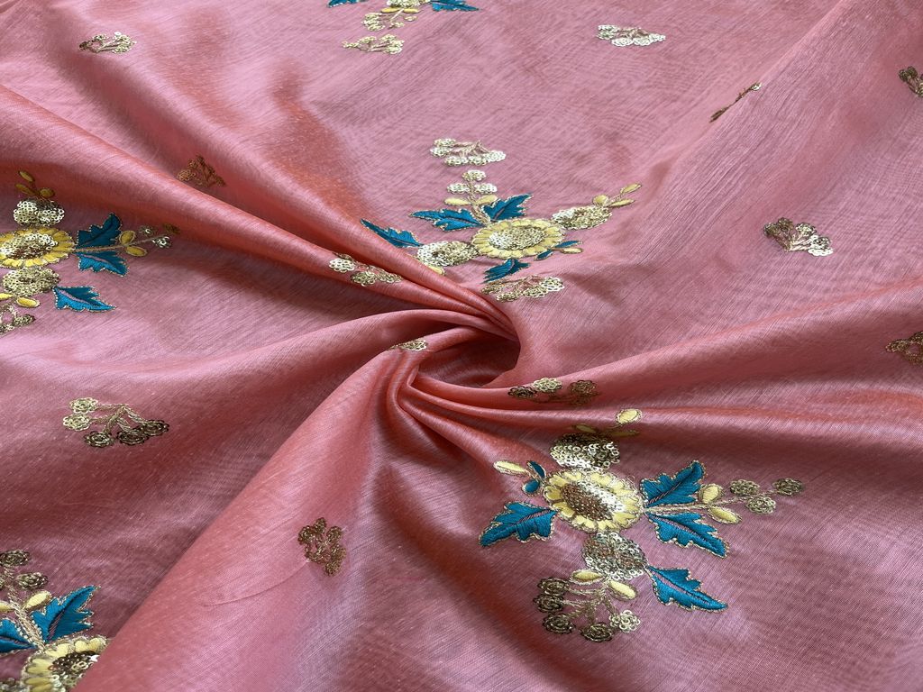 Peach Motifs Sequins Embroidered Chanderi Fabric