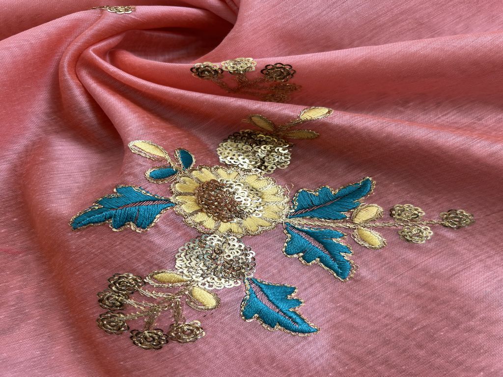 Peach Motifs Sequins Embroidered Chanderi Fabric