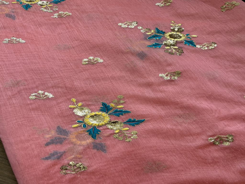 Peach Motifs Sequins Embroidered Chanderi Fabric