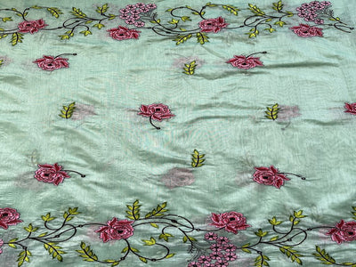 Green Traditional Thread Embroidered Chanderi Fabric