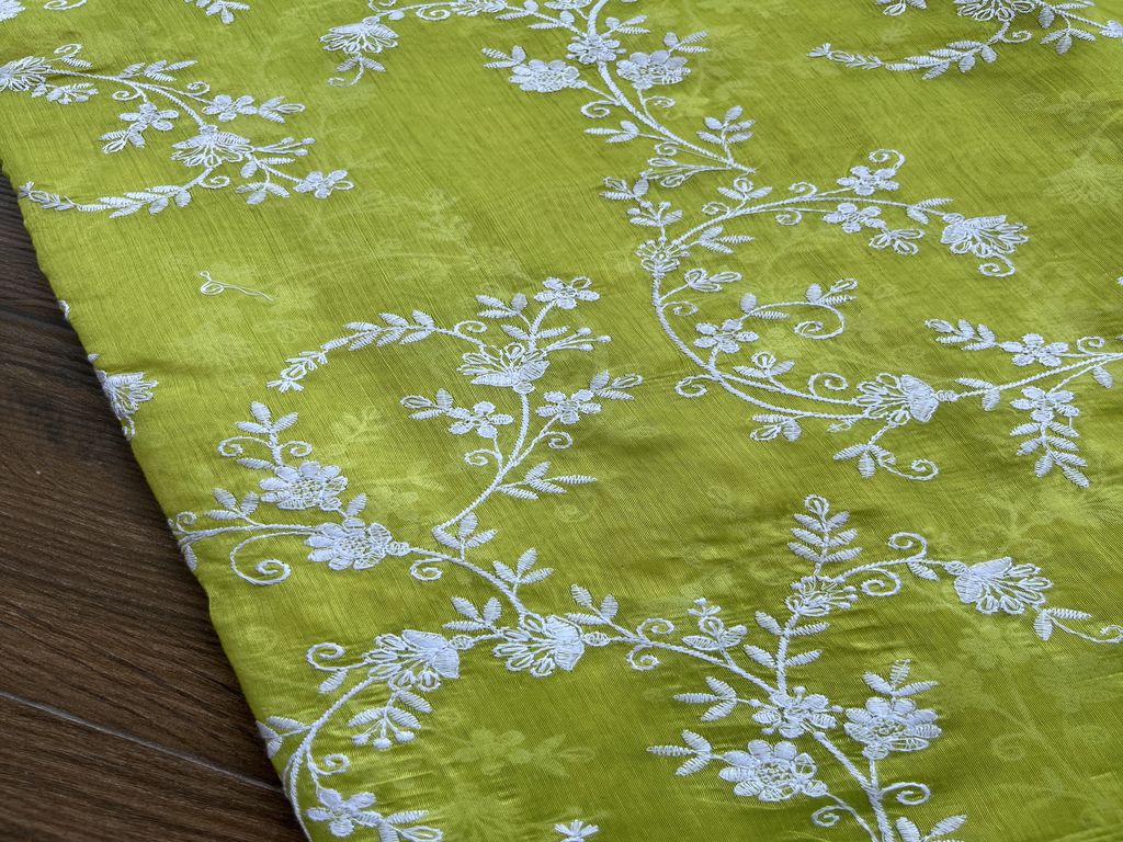 Lemon Green Floral Chikankari Embroidered Chanderi Fabric (Wholesale)