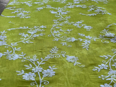 Lemon Green Floral Chikankari Embroidered Chanderi Fabric (Wholesale)