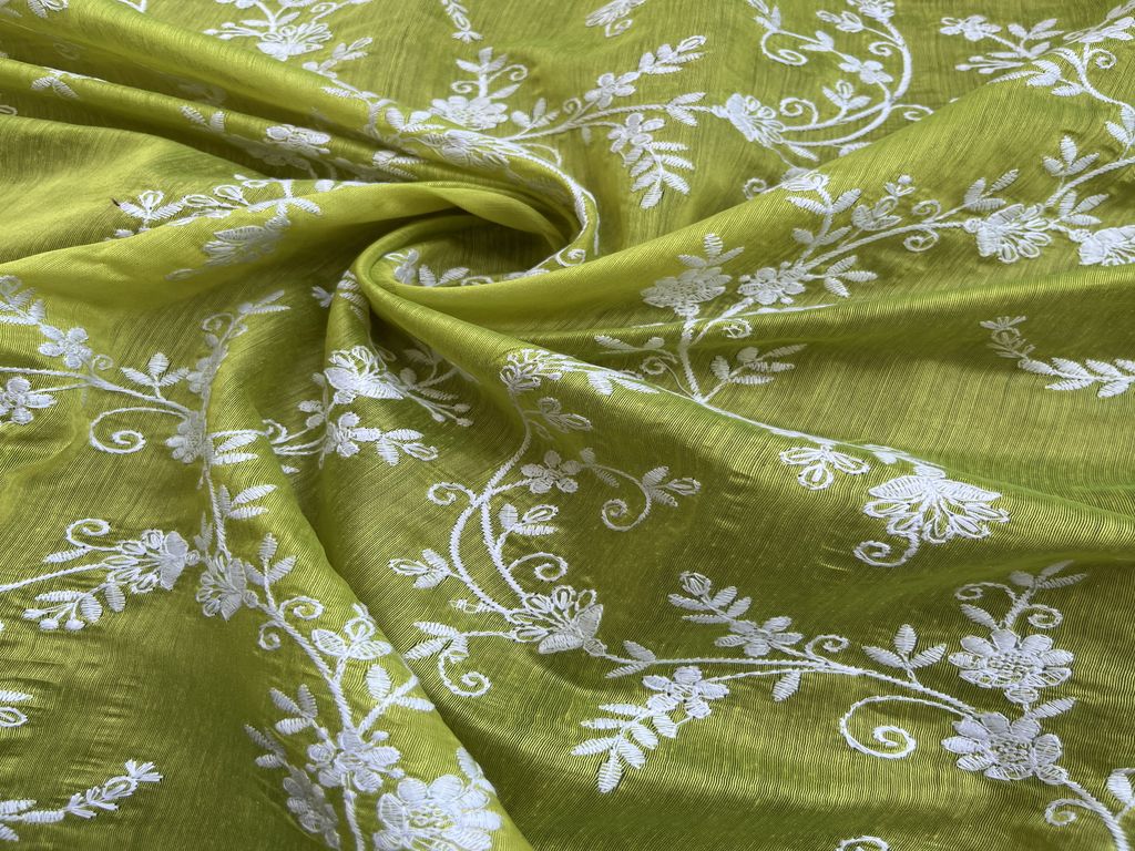 Lemon Green & White Floral Chikankari Embroidered Chanderi Fabric