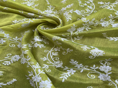 Lemon Green Floral Chikankari Embroidered Chanderi Fabric (Wholesale)