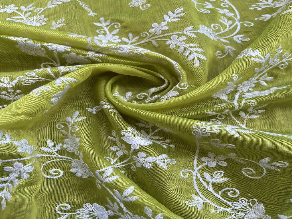 Lemon Green & White Floral Chikankari Embroidered Chanderi Fabric