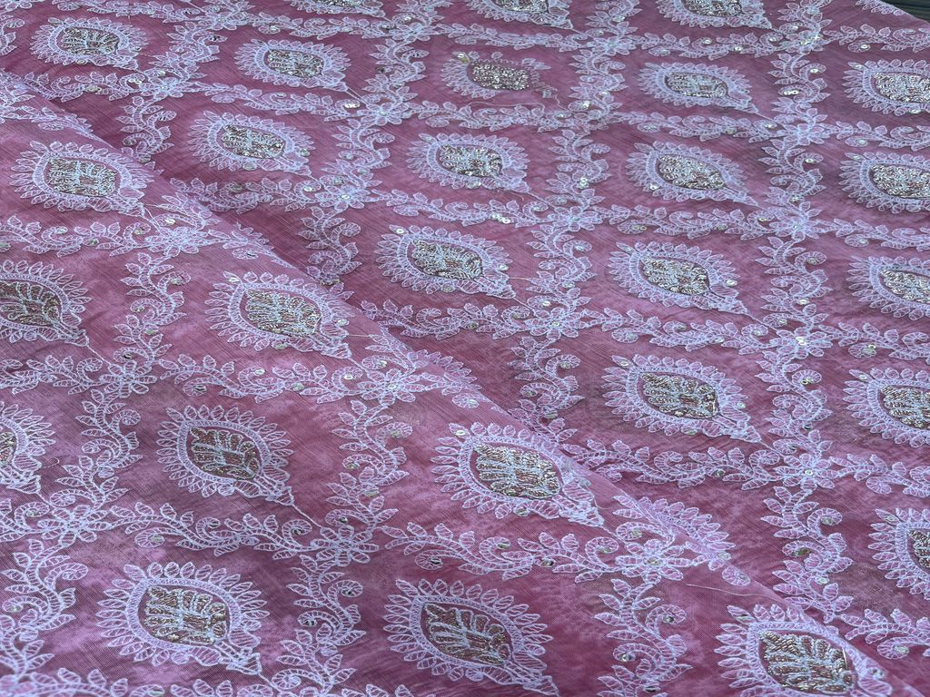 Pink Traditional Heavy Embroidered Chikankari Chanderi Fabric