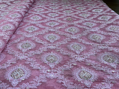 Pink Traditional Heavy Embroidered Chikankari Chanderi Fabric